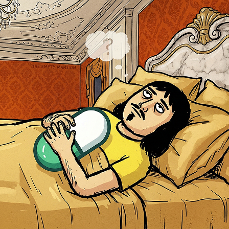 Character sleeping in luxury bed