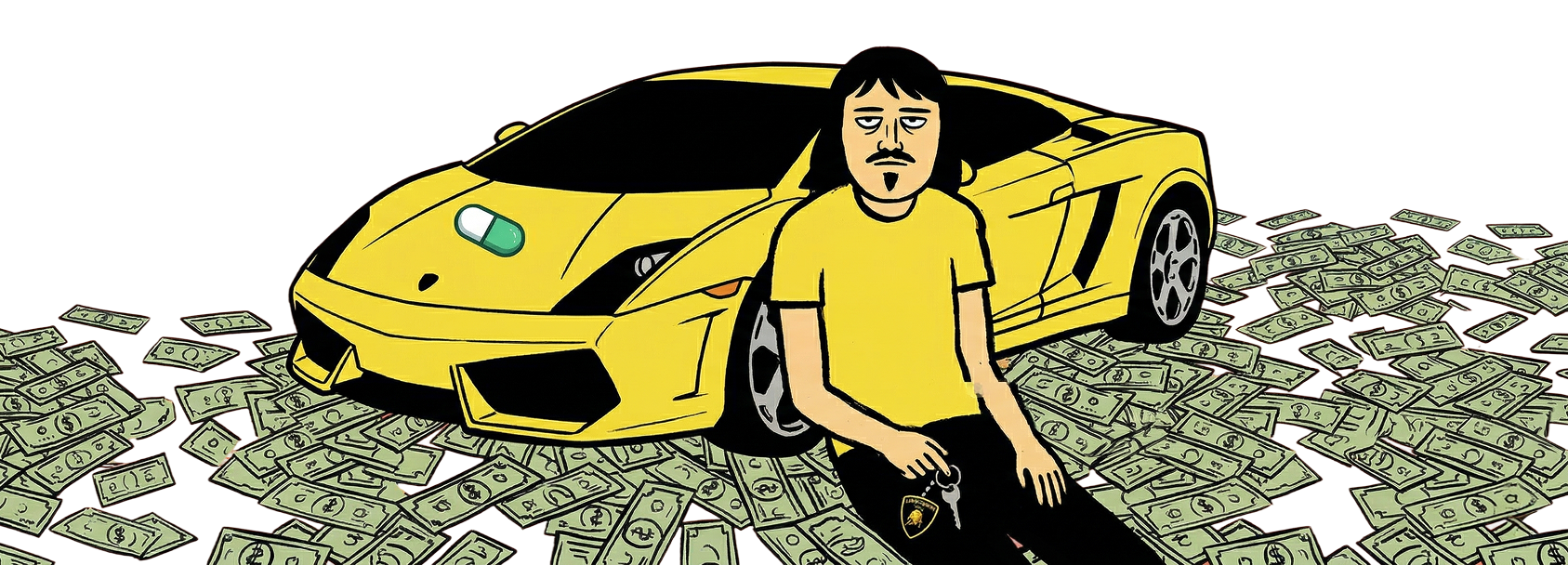 Character with Lamborghini on money